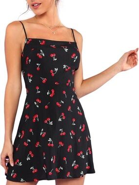 Black Cherry Print Slip Dress